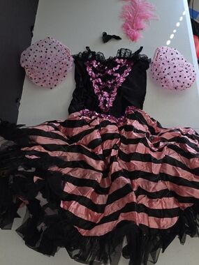 Vintage Leo''s Girls Pink Black Sequin Striped Costume Ballet Jazz Moulin Rouge